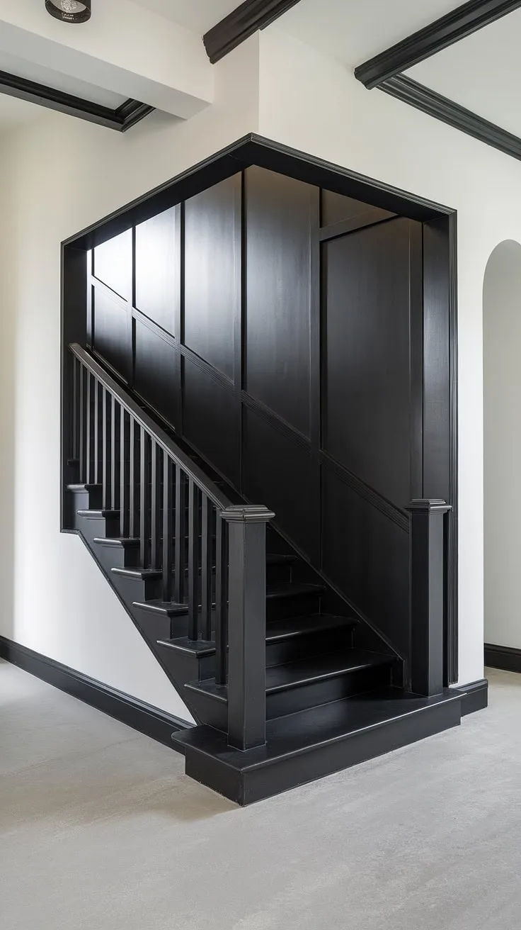 This black staircase is the focal point of this stunning black and white aesthetic interior. The clean lines and glossy black metal railing exemplify contemporary staircase design within a black and white home aesthetic.  The black stair wall ideas add a geometric touch to this modern black and white house, making it a dream for those seeking unique townhouse staircase ideas.