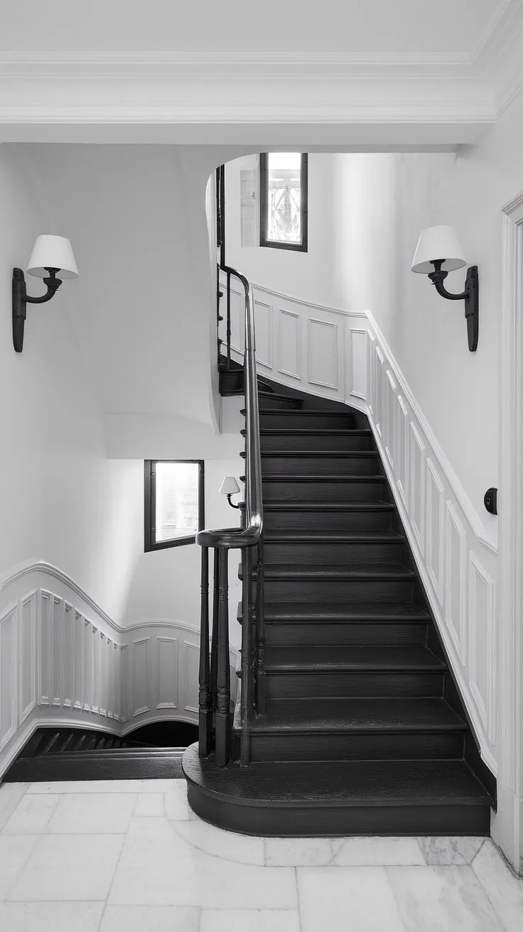 The black staircase is the focal point of this black and white home aesthetic, a testament to elegant staircase design.  The contrast between the black stair wall ideas and the bright white walls and floor creates a dramatic yet inviting black and white aesthetic interior. This modern black and white house perfectly embodies hallway ideas black and white and offers inspiring townhouse staircase ideas for those seeking a sophisticated and stylish home.