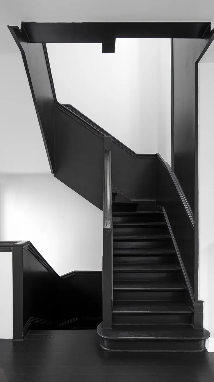 This stunning black staircase is the focal point of this black and white aesthetic interior, offering unique black stair wall ideas and sophisticated staircase design within a townhouse. The black and white interior design exemplifies minimalist style in a modern black and white house.