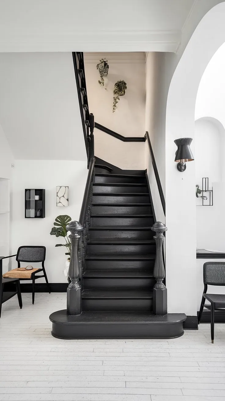 This black and white home aesthetic is defined by its striking black staircase, a focal point in the hallway. The simple yet elegant staircase design, combined with the white tiled floor and sparse furnishings, creates a clean and minimalist feel. This is a perfect example of black and white interior design, offering fresh townhouse staircase ideas and inspiring black stair wall ideas for a modern black and white house.