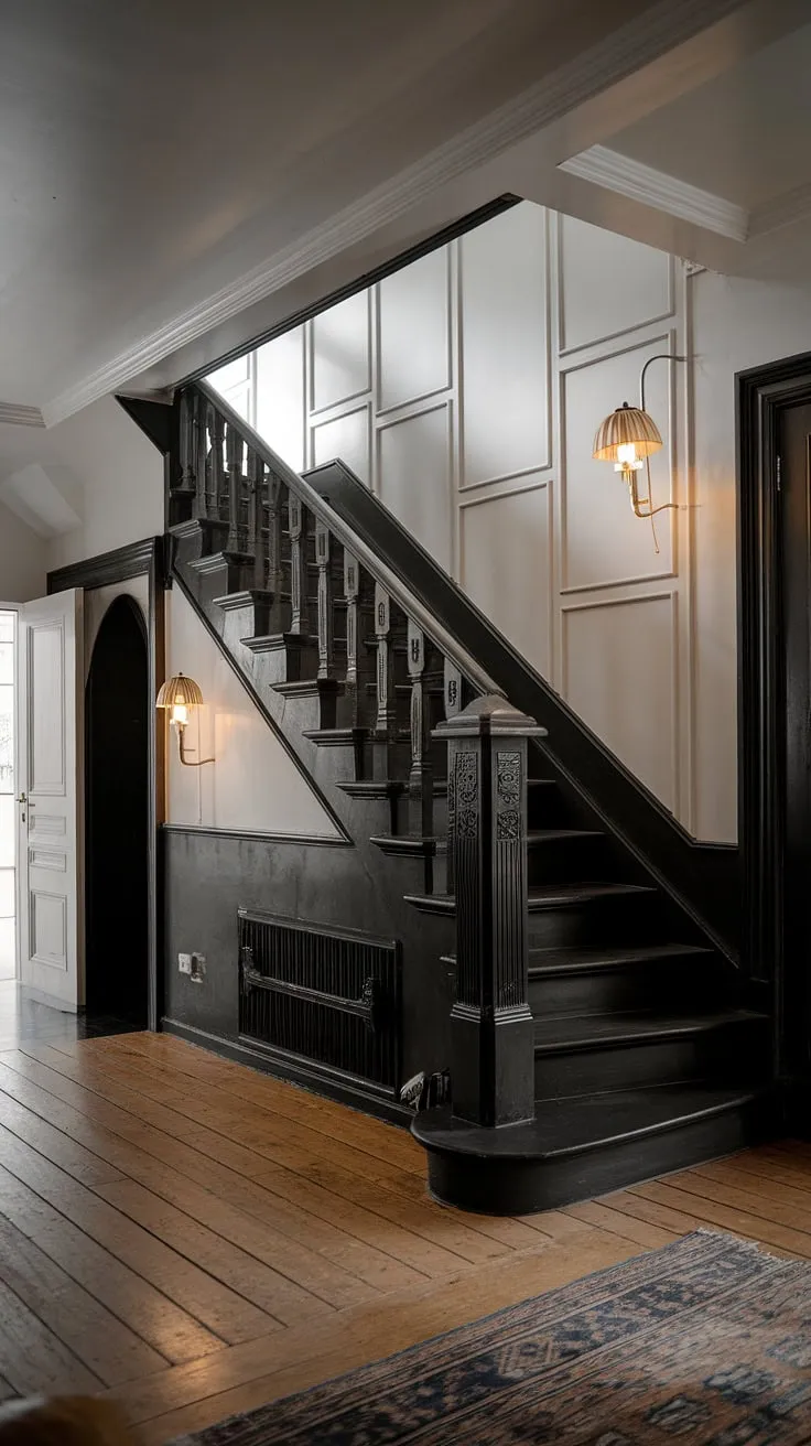 This black and white aesthetic interior boasts a show-stopping black staircase, offering inspiring black stair wall ideas and a unique townhouse staircase design. The black and white home aesthetic is effortlessly chic, highlighting the impressive staircase design within this modern black and white house.