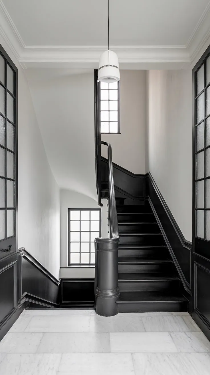 This black and white aesthetic interior boasts a captivating black staircase, a perfect example of hallway ideas black and white in a modern black and white house. The staircase design is a statement piece within this stunning townhouse.