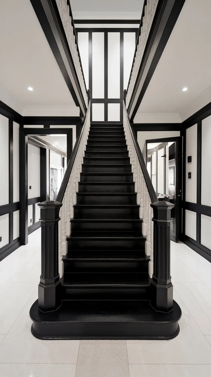A dramatic black staircase anchors this modern black and white home, showcasing stunning black stair wall ideas and a chic townhouse staircase design. The black and white aesthetic interior, complete with geometric patterns, elevates hallway ideas black and white to a new level.
