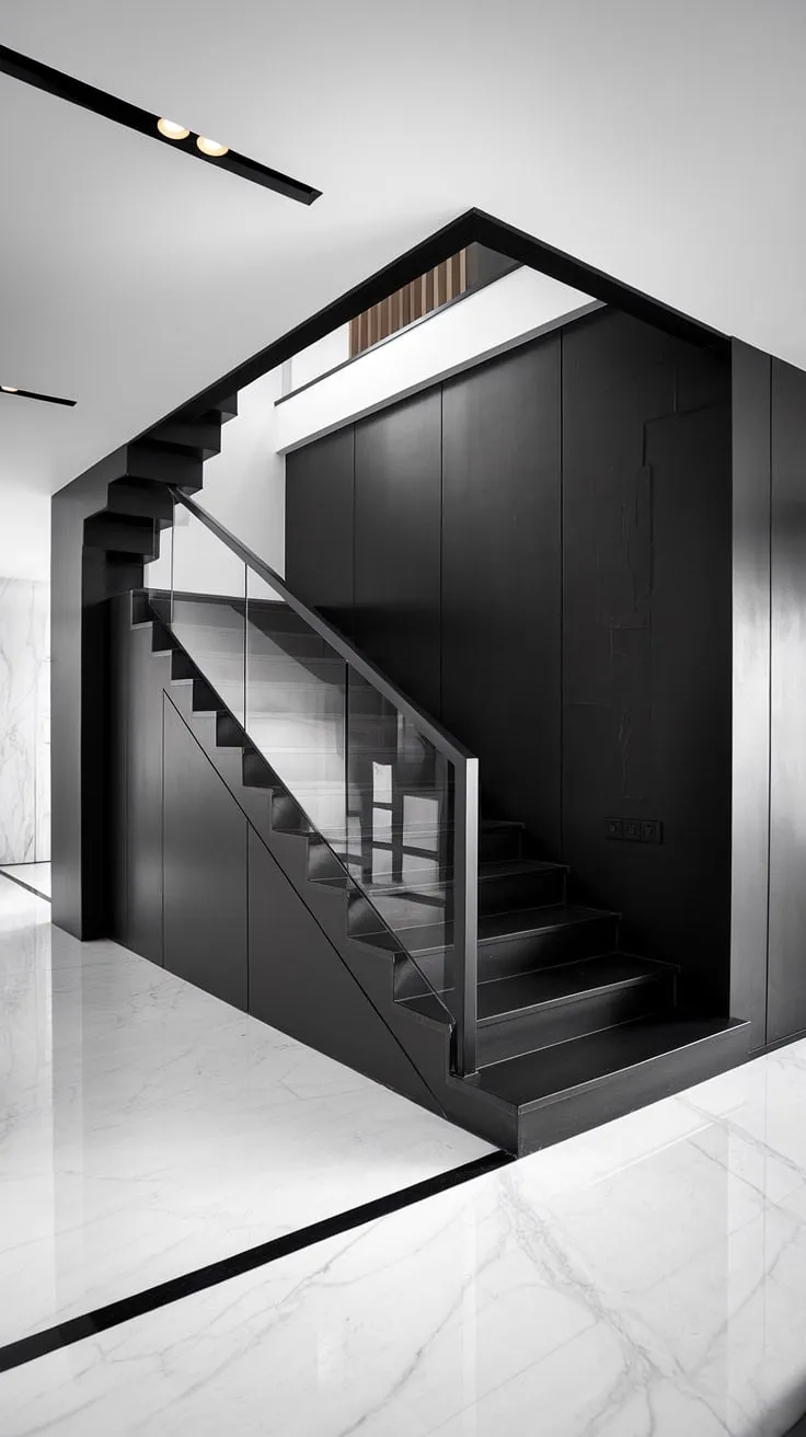 This black and white aesthetic interior is a masterclass in modern black and white house design. The striking black staircase, with its contemporary staircase design and glass railings, commands attention. The black stair wall ideas and white marble floor create a sophisticated contrast, making this a perfect example of black and white interior design. The hallway ideas black and white are effortlessly chic, showcasing the best of townhouse staircase ideas in a stunning modern setting.