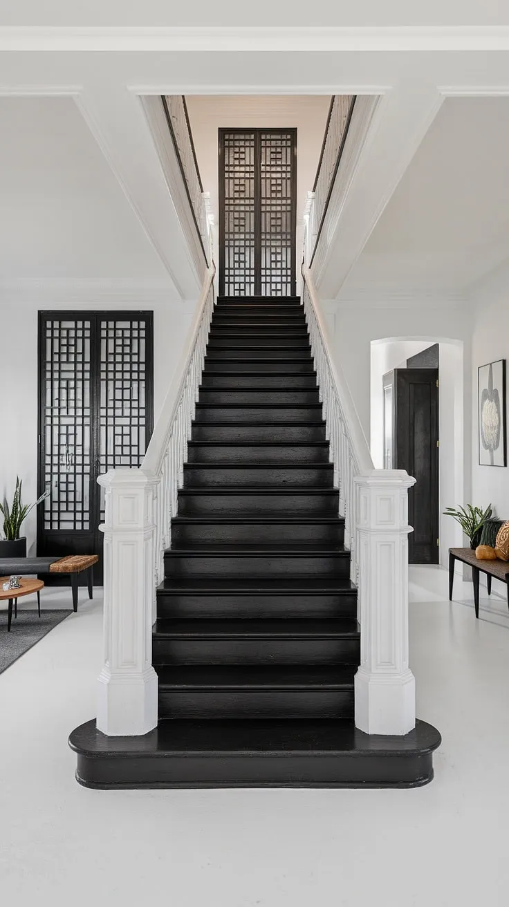 A modern black and white house showcases a striking black staircase, a perfect example of black stair wall ideas. The clean lines and minimalist aesthetic of the black and white interior design create a sophisticated townhouse staircase ideas within this black and white aesthetic interior. The geometric panel adds a touch of visual interest to the hallway ideas black and white, complementing the overall staircase design. A simple bench and plant add warmth to the bright space.
