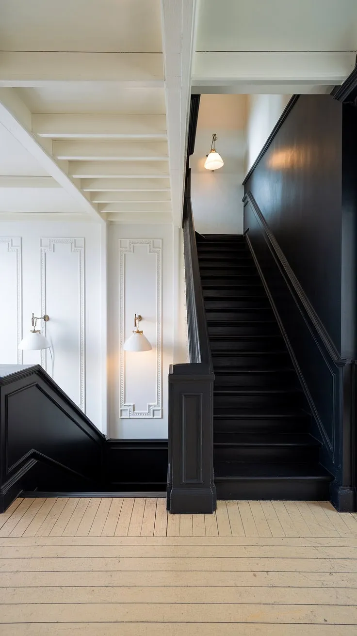 A dramatic black staircase anchors this modern black and white home aesthetic, showcasing sleek staircase design and inspiring black stair wall ideas. Townhouse staircase ideas meet minimalist perfection in this black and white interior design.