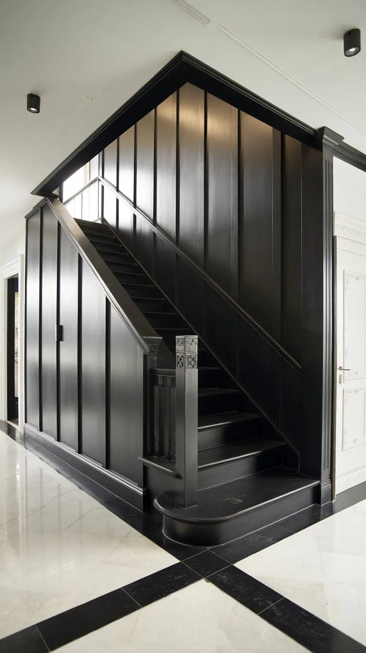 A dramatic black staircase anchors this modern black and white home, showcasing stunning black stair wall ideas and a sophisticated townhouse staircase design. The black and white aesthetic interior, complete with a striking black and white tiled floor, elevates hallway ideas black and white to a new level of chic.  This modern black and white house is a testament to the power of monochrome.
