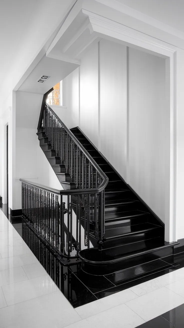 A captivating interplay of light and shadow accentuates the glossy finish of the black staircase, a striking feature within this modern black and white house.  The staircase design is both functional and visually arresting, providing inspiration for black stair wall ideas and showcasing the elegance of black and white interior design.  This townhouse staircase ideas example perfectly embodies a black and white aesthetic interior, offering compelling hallway ideas black and white for those embracing a minimalist modern black and white house.