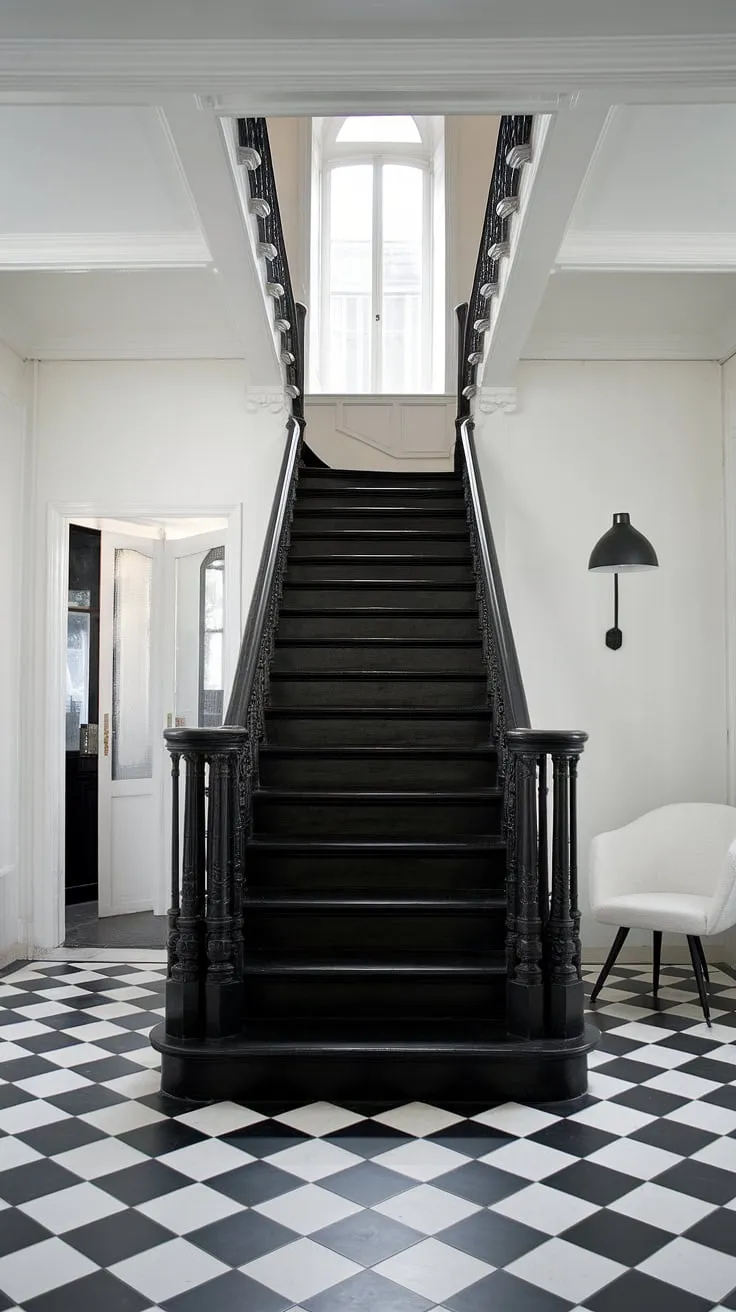 This striking black staircase is the centerpiece of this black and white home aesthetic.  The sophisticated staircase design, combined with the black and white interior design, transforms this townhouse into a modern black and white house.  Explore unique black stair wall ideas and townhouse staircase ideas with this inspiring example of black and white aesthetic interior.