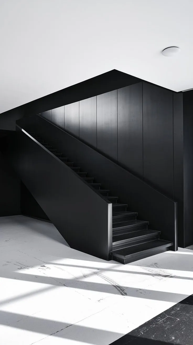 This black and white aesthetic interior is defined by its dramatic black staircase.  The clean lines of the staircase design and the seamless integration of the black stair wall ideas exemplify black and white interior design at its finest.  This townhouse staircase ideas showcases a modern black and white house with impactful style.