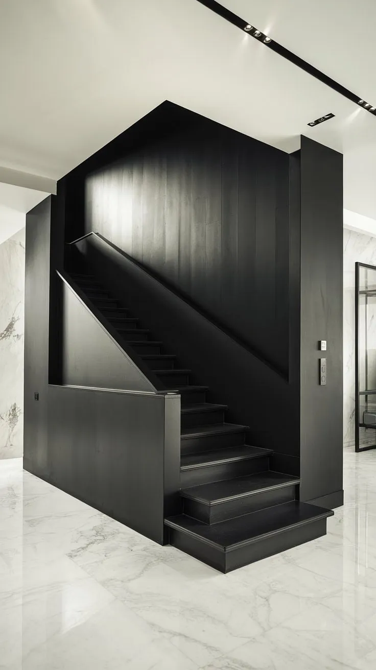 This black and white aesthetic interior is the epitome of modern elegance. The black staircase, a stunning example of staircase design, commands attention against the white marble floor. The black stair wall ideas perfectly complement the black and white interior design, creating a sophisticated and impactful statement in this modern black and white house. The overall effect is a breathtaking example of townhouse staircase ideas.