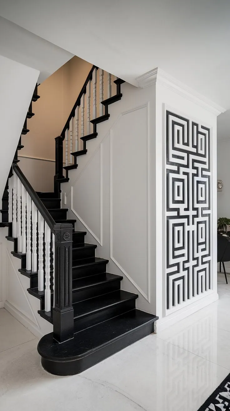 This black and white aesthetic interior boasts a striking black staircase as its centerpiece, offering elegant hallway ideas black and white and showcasing a sophisticated staircase design in this modern black and white house.