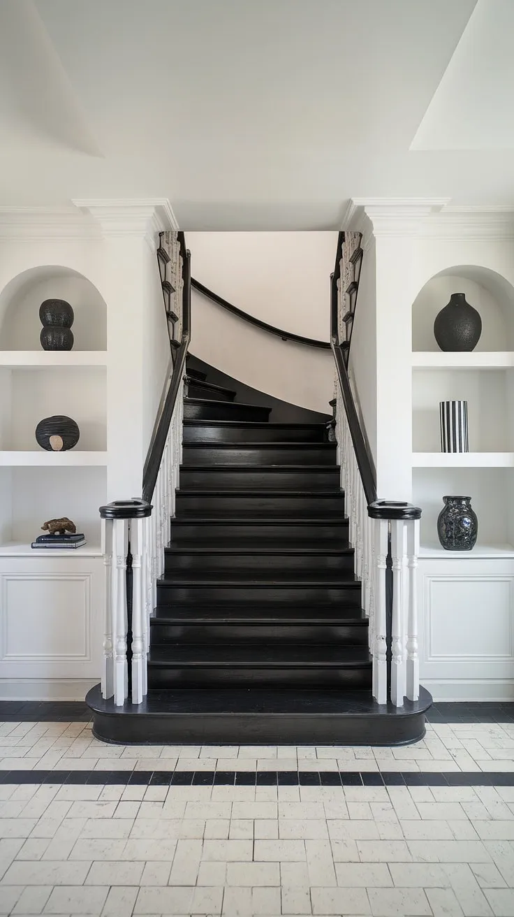 A striking black staircase anchors this modern black and white house, showcasing a sophisticated black and white home aesthetic. The clean lines of the staircase design, complemented by white railings and shelves displaying decorative items, create a dramatic yet elegant hallway ideas black and white. This townhouse staircase ideas exemplifies the best in black stair wall ideas and black and white interior design.