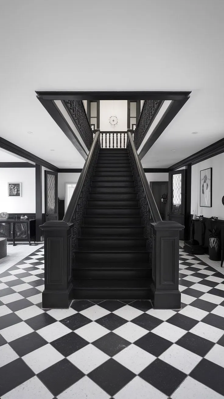 A dramatic black staircase anchors this modern black and white home aesthetic, showcasing stunning black stair wall ideas and a sophisticated townhouse staircase design. The black and white interior design and hallway ideas black and white create a truly striking black and white aesthetic interior.
