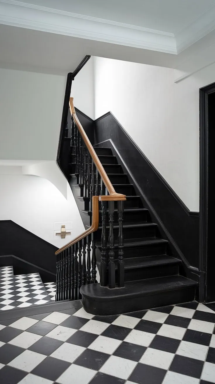 A dramatic black staircase anchors this modern black and white house, showcasing a striking black and white aesthetic interior. The clean lines of the staircase design, paired with the black stair wall ideas and black and white checkered floor, create a sophisticated townhouse staircase ideas within this hallway ideas black and white space.