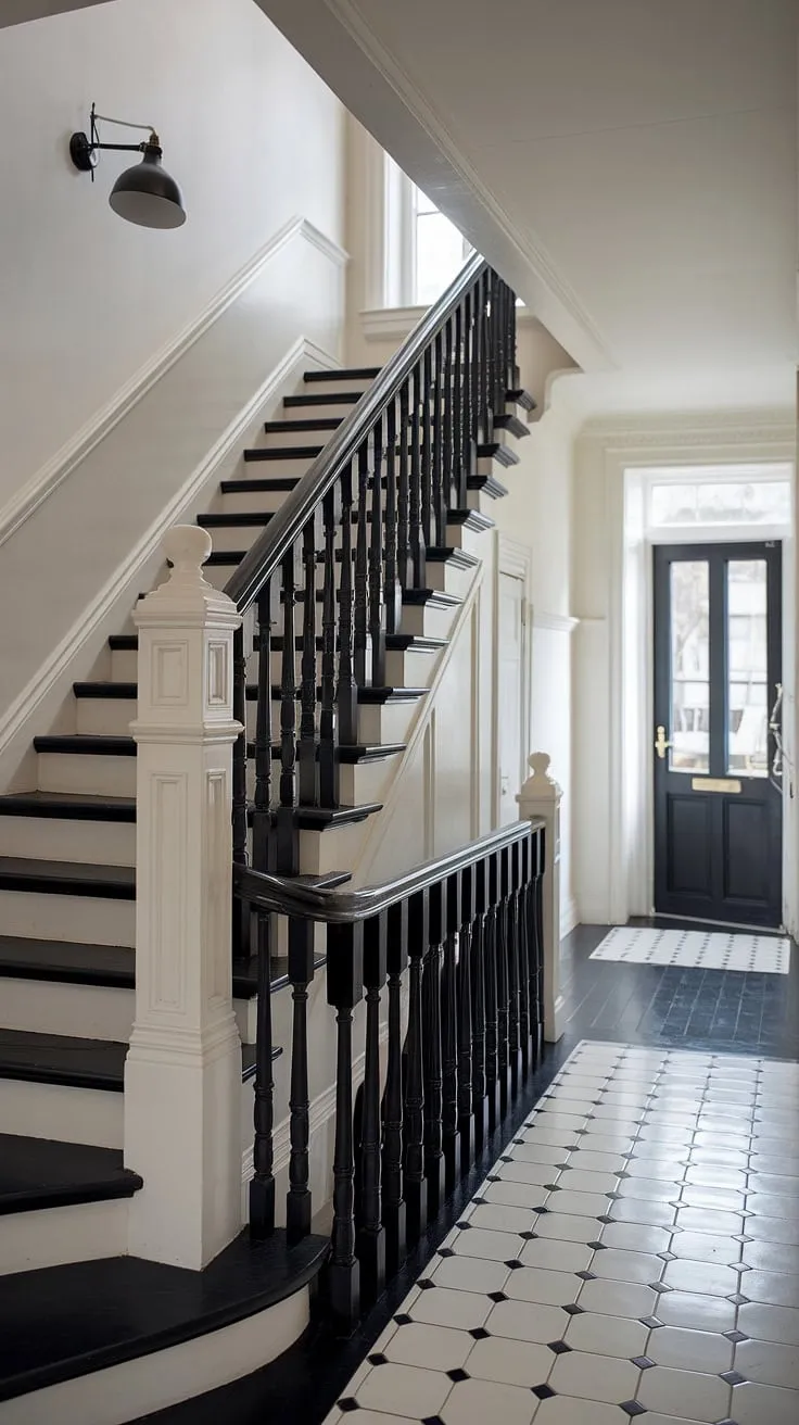 This stunning black staircase is the focal point of this modern black and white house, a perfect example of townhouse staircase ideas. The black and white interior design is sophisticated and chic, with the black stair wall ideas adding a touch of drama. The hallway ideas black and white are effortlessly stylish, showcasing a cohesive black and white aesthetic interior. The overall staircase design is both elegant and contemporary.