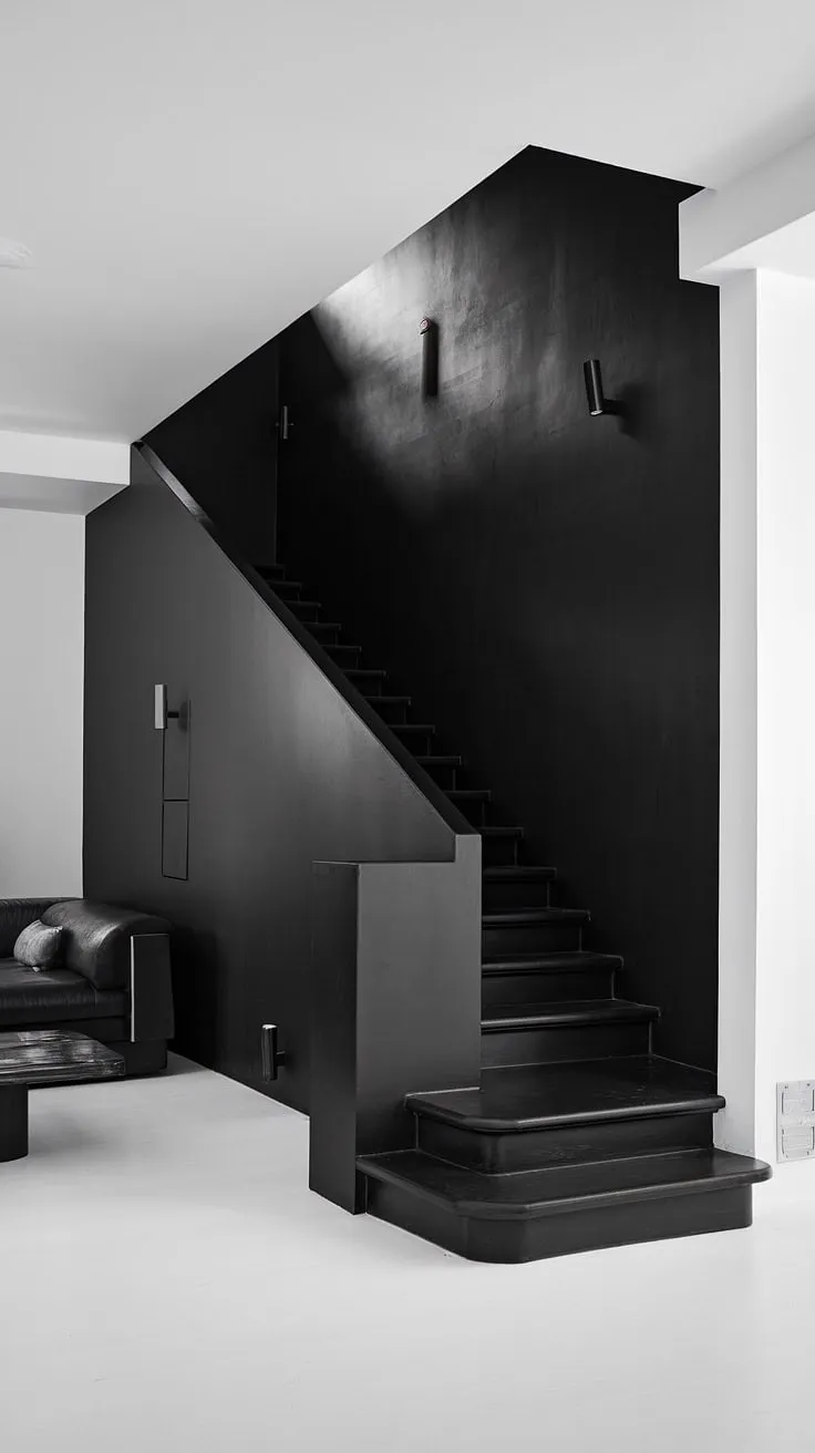 This black and white aesthetic interior boasts a show-stopping black staircase, offering inspiring hallway ideas black and white and innovative townhouse staircase ideas. The sleek staircase design is a centerpiece in this black and white home aesthetic, exemplifying modern black and white house style.