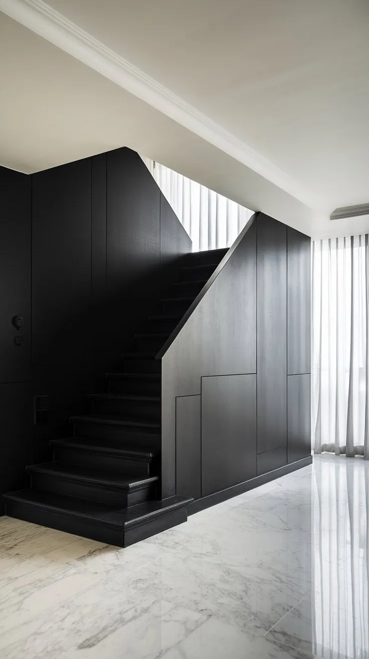 A modern black staircase anchors this black and white aesthetic interior, showcasing sophisticated townhouse staircase ideas. The black stair wall ideas create a dramatic contrast against the white marble floor, highlighting the minimalist staircase design within this black and white interior design. The high ceilings and soft light enhance the black and white home aesthetic, offering inspiring hallway ideas black and white for a modern black and white house.