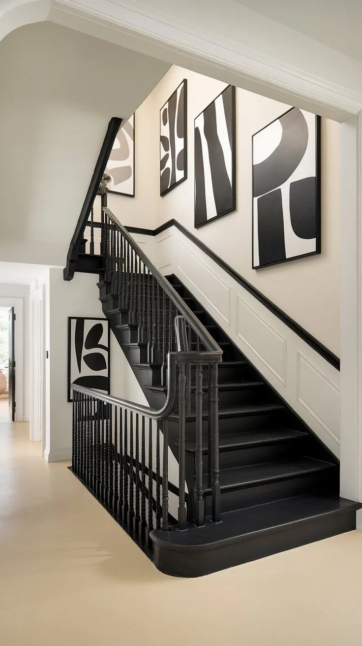 This stunning black staircase is the focal point of this black and white home aesthetic.  The sleek black stair wall ideas and minimalist townhouse staircase ideas perfectly complement the black and white interior design, creating a modern black and white house with unforgettable hallway ideas black and white. The sophisticated staircase design elevates the overall aesthetic.