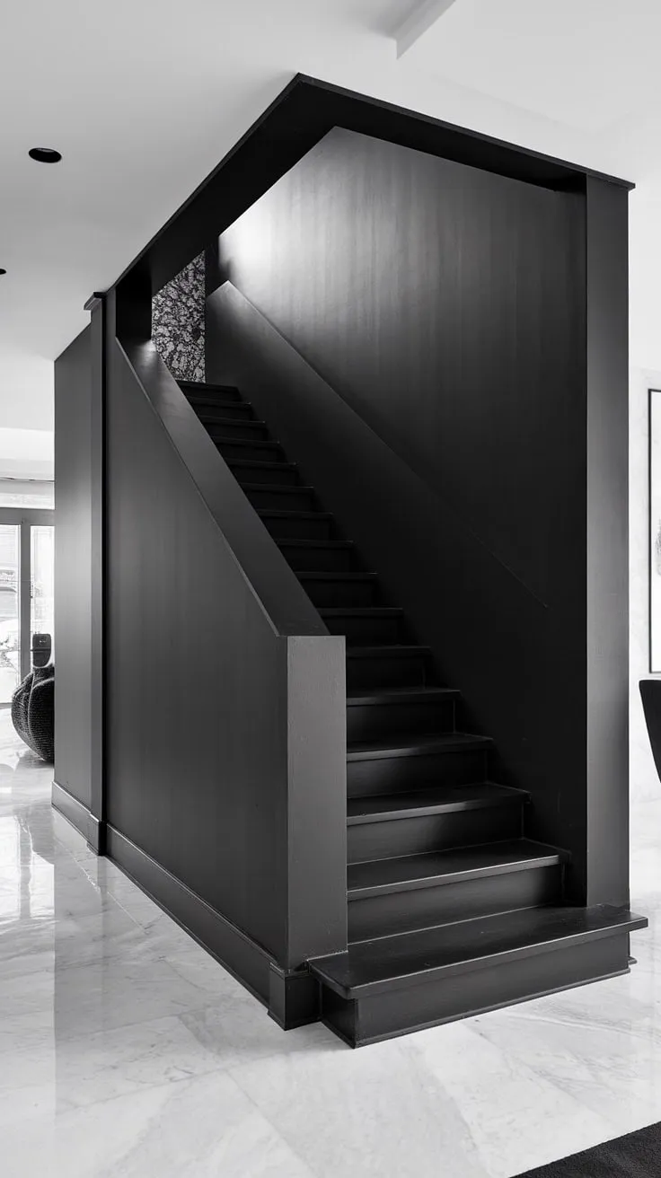 A dramatic black staircase anchors this modern black and white home, showcasing stunning black stair wall ideas within a chic townhouse staircase design. The black and white interior design creates a sophisticated black and white aesthetic interior, perfect for hallway ideas black and white.  This modern black and white house is a testament to minimalist elegance.