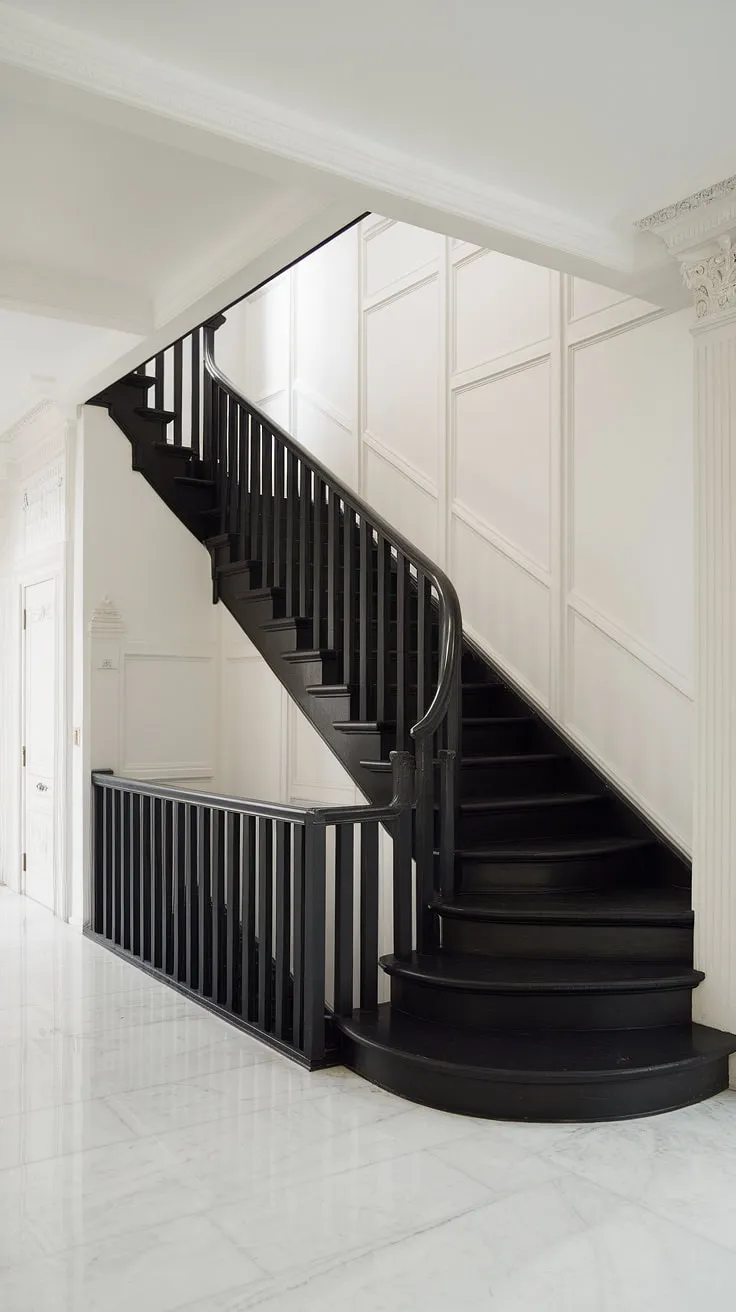 This black and white home aesthetic is pure elegance. The black staircase, a masterpiece of staircase design, commands attention in this bright, white-marble floored townhouse.  Hallway ideas black and white rarely achieve such a sophisticated balance, making this modern black and white house truly inspiring.