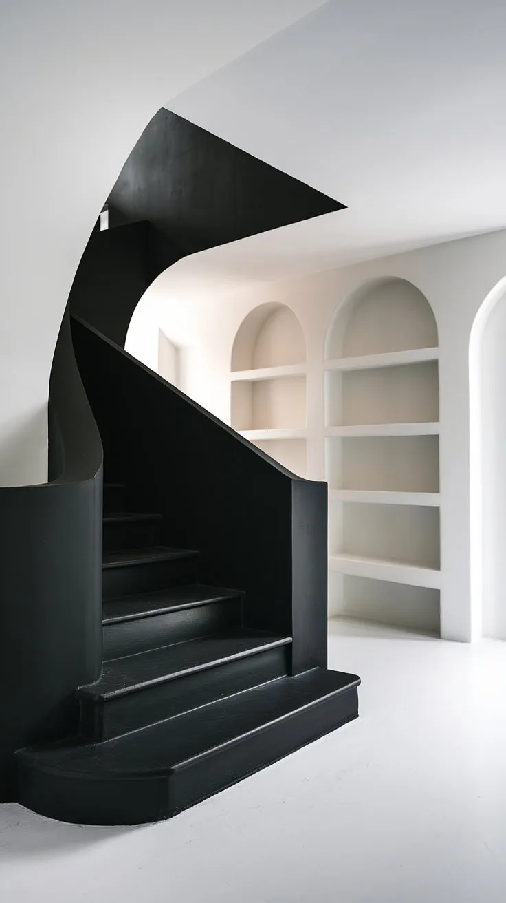 A modern black and white house, showcasing a sleek black staircase as a striking focal point.  The minimalist design, with its clean lines and contrasting colors, offers inspiration for black stair wall ideas and townhouse staircase ideas, perfectly embodying a black and white aesthetic interior. This hallway, with its simple white shelves, exemplifies the best in black and white interior design.