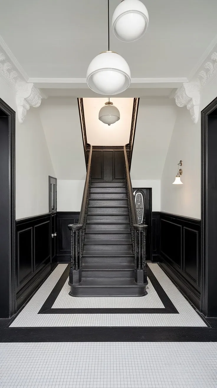 This stunning black and white aesthetic interior features a show-stopping black staircase as its centerpiece.  The staircase design, complemented by white railings and lighting, is a highlight of this black and white interior design.  Explore black stair wall ideas and townhouse staircase ideas within this modern black and white house, showcasing a chic and sophisticated hallway in a black and white home aesthetic.