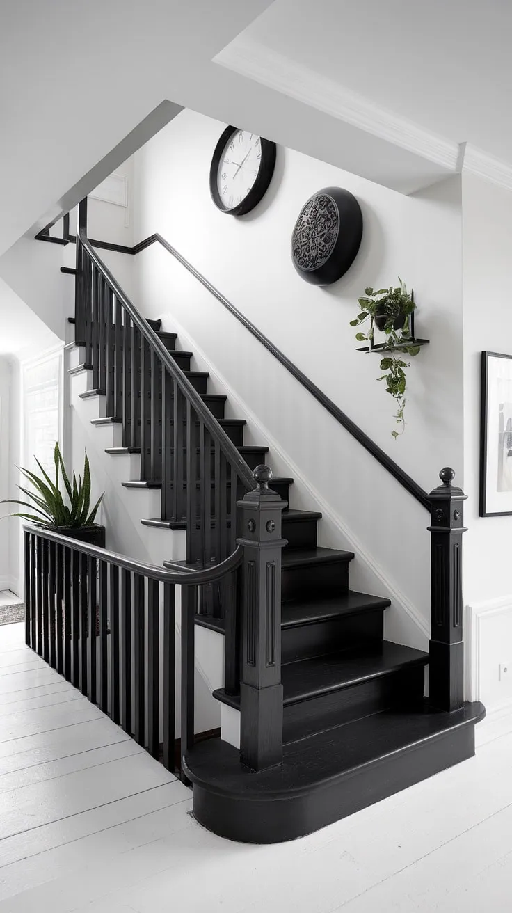 A modern black and white house showcasing a stunning black staircase, a perfect example of black stair wall ideas.  The minimalist design and clean lines create a sophisticated black and white aesthetic interior, offering inspiring townhouse staircase ideas for a black and white home aesthetic. This hallway, with its white flooring, exemplifies the best in black and white interior design.