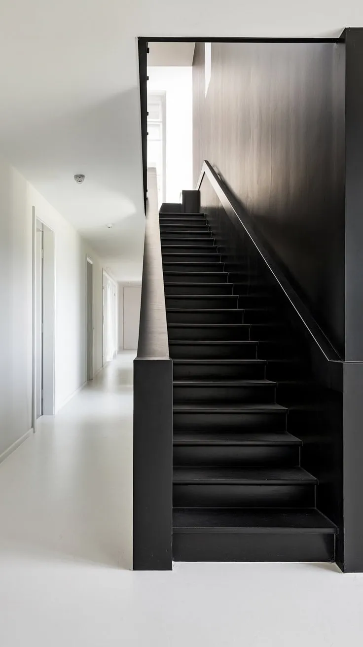 This black and white interior design is a masterclass in minimalist elegance. The striking black staircase, a showstopper in itself, is complemented by the black stair wall ideas, creating a sophisticated black and white aesthetic interior.  The clean lines and white flooring highlight the impactful staircase design, making it a perfect example of townhouse staircase ideas within a modern black and white house.