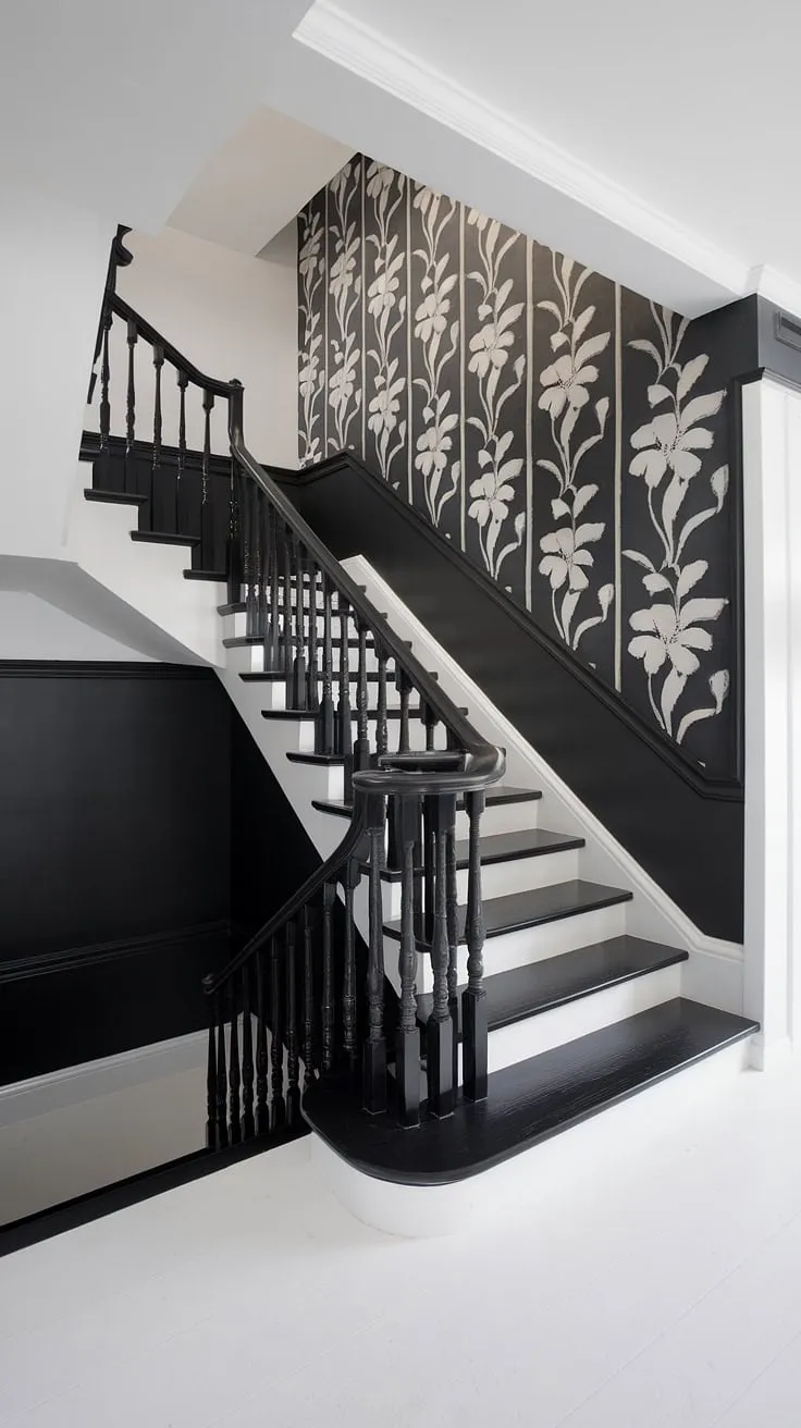 A dramatic black staircase anchors this modern black and white home aesthetic, showcasing stunning black stair wall ideas.  The clean lines and minimalist townhouse staircase ideas create a striking black and white interior design, perfect for hallway ideas in black and white.