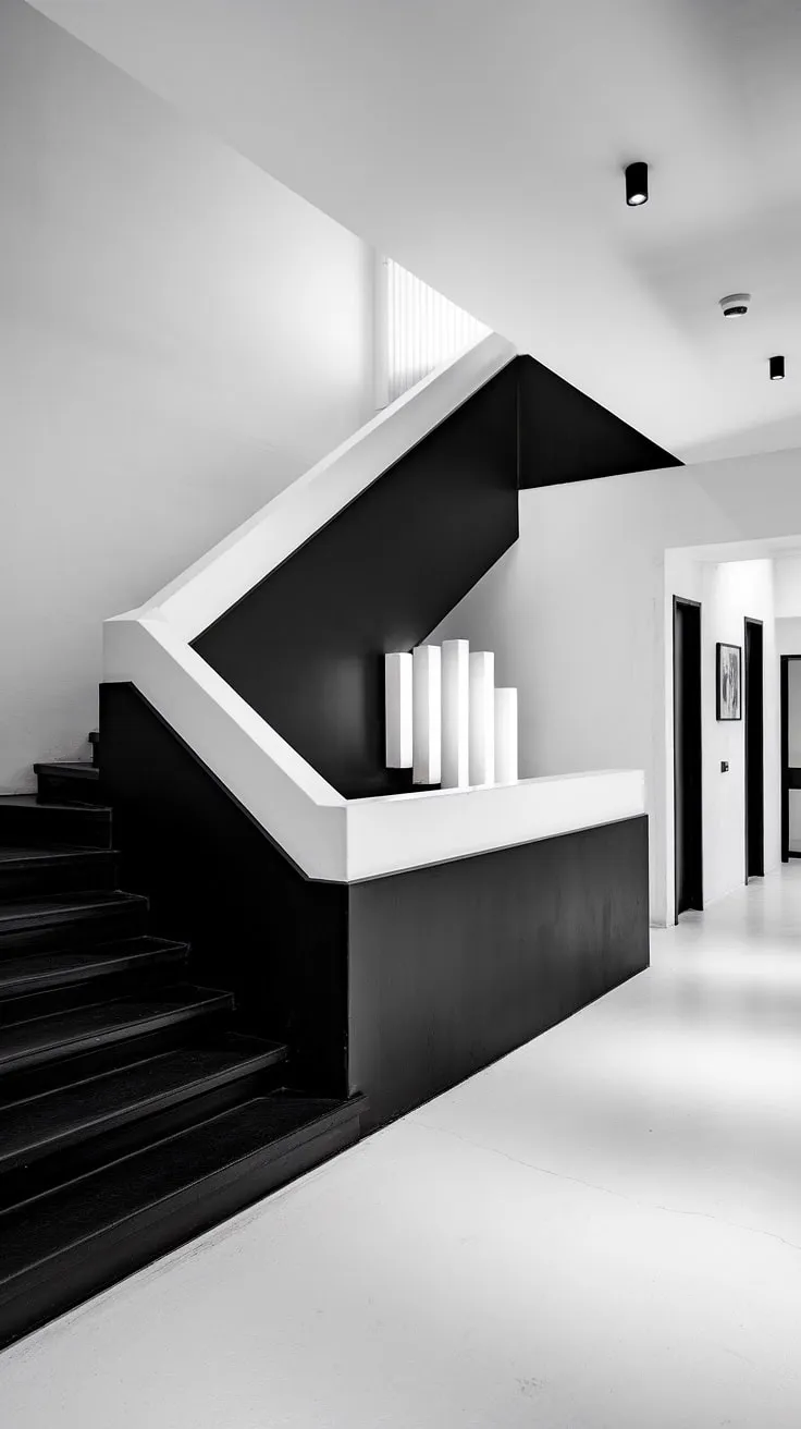 This black and white aesthetic interior is the epitome of chic. The dramatic black staircase, a brilliant example of black stair wall ideas, anchors the space.  The clean white walls and floors highlight the bold staircase design, making it a showstopper in this modern black and white house.  Perfect townhouse staircase ideas for a sleek and stylish home.