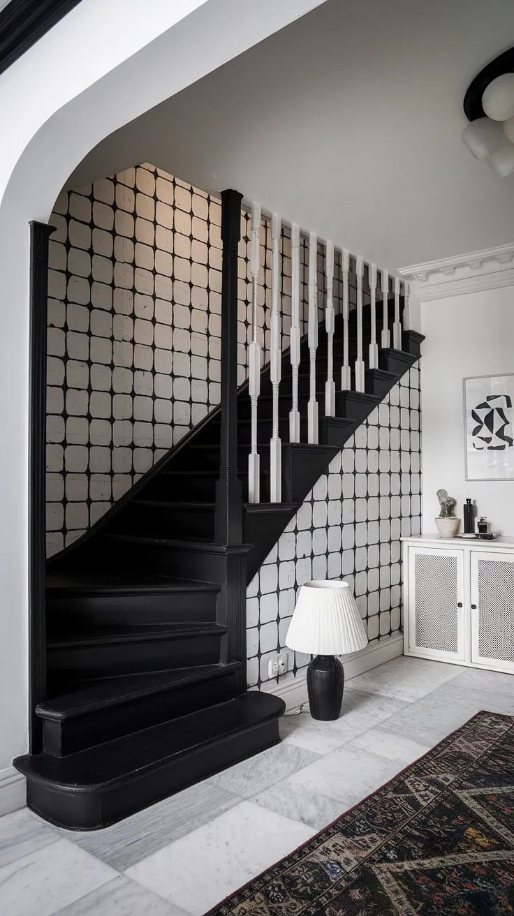 A black and white home aesthetic at its finest. This stunning black staircase anchors the space, its sleek design a testament to modern black and white house style.  The interplay of light and shadow, enhanced by the white-squared wall, creates a captivating black and white aesthetic interior.  This hallway, with its thoughtful black stair wall ideas and elegant white cabinetry, offers a masterclass in townhouse staircase ideas and black and white interior design.