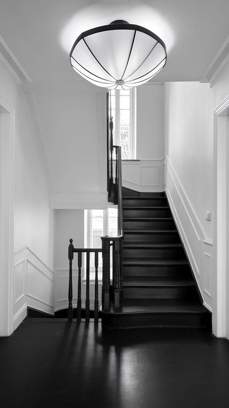 This modern black and white house showcases a stunning black staircase, a perfect example of black stair wall ideas. The clean lines and dramatic contrast create a breathtaking black and white aesthetic interior, offering inspiring townhouse staircase ideas for a chic and sophisticated hallway.  The black and white interior design is flawlessly executed, highlighting the impact of a simple yet elegant staircase design.