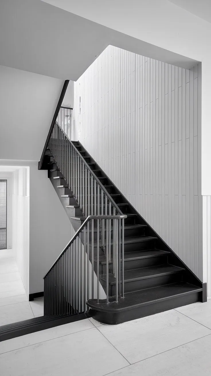 This black and white aesthetic interior showcases a captivating hallway, with the black staircase as its focal point.  The striking staircase design, a brilliant example of black stair wall ideas, elevates the black and white interior design within this modern black and white house, offering inspiring townhouse staircase ideas.