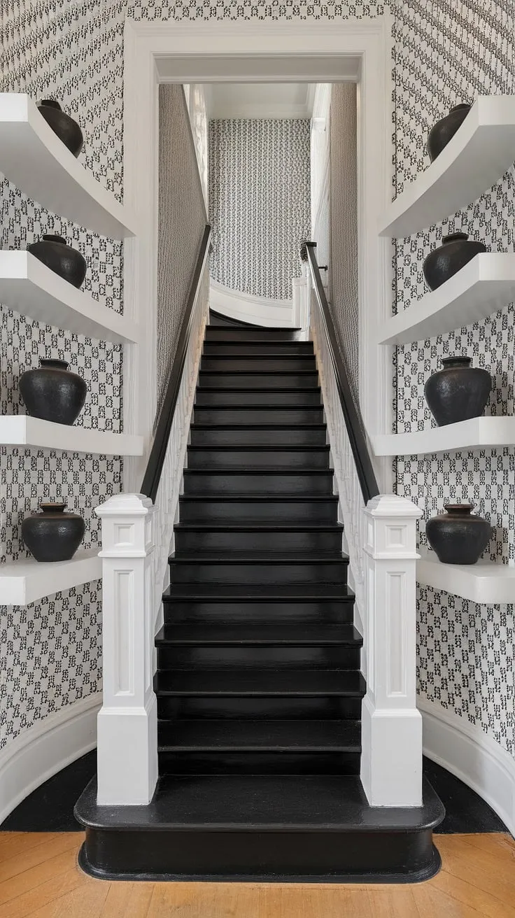 A modern black and white house showcasing a striking black staircase as the centerpiece of its stunning black and white interior design.  The black stair wall ideas are brilliantly executed, complemented by white shelves and black pots, creating a sophisticated townhouse staircase design within this black and white aesthetic interior.  Hallway ideas black and white are perfectly realized in this space.