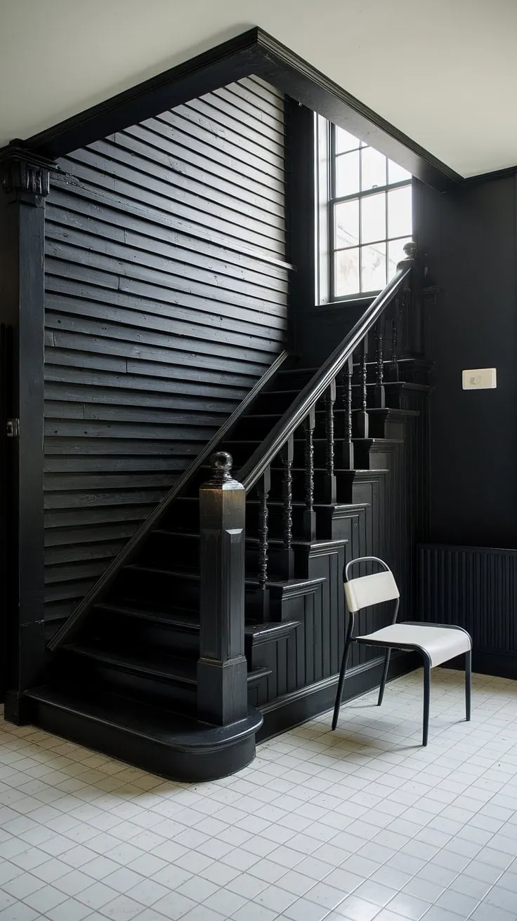 A modern black and white aesthetic interior, defined by a striking black staircase that ascends to a light-filled upper floor.  The black stair wall ideas create a dramatic backdrop against the crisp white tiles, showcasing a sophisticated townhouse staircase design and inspiring hallway ideas black and white. This black and white home aesthetic is the epitome of chic, offering a fresh take on black and white interior design in a modern black and white house.