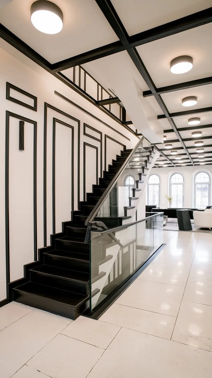 A modern black and white house showcasing a striking black staircase as a central design element.  The black stair wall ideas, combined with the glass railing, create a dramatic focal point within this stunning black and white aesthetic interior.  This townhouse staircase ideas exemplifies the perfect blend of contemporary style and classic monochrome elegance, offering inspiration for hallway ideas black and white and showcasing the best in black and white interior design.