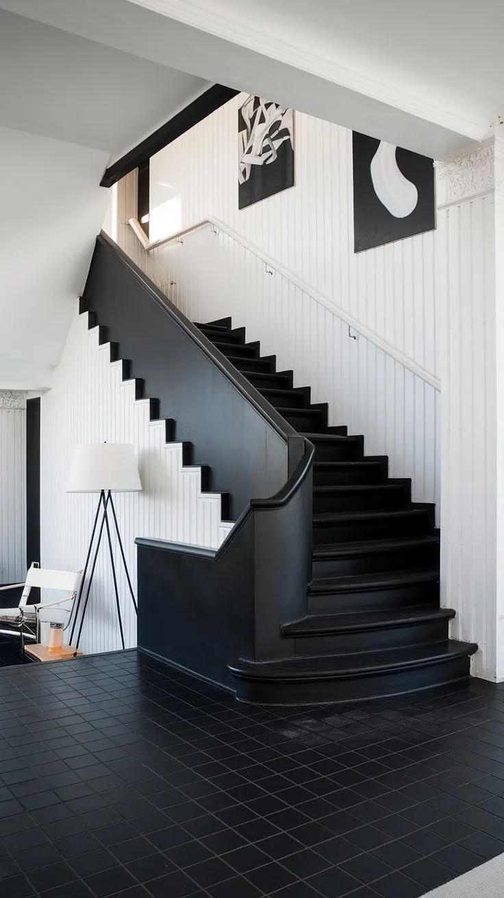 A dramatic black staircase anchors this modern black and white home aesthetic, showcasing innovative black stair wall ideas.  The clean lines and minimalist staircase design perfectly complement the black and white interior design, offering inspiring townhouse staircase ideas for a chic and sophisticated space.