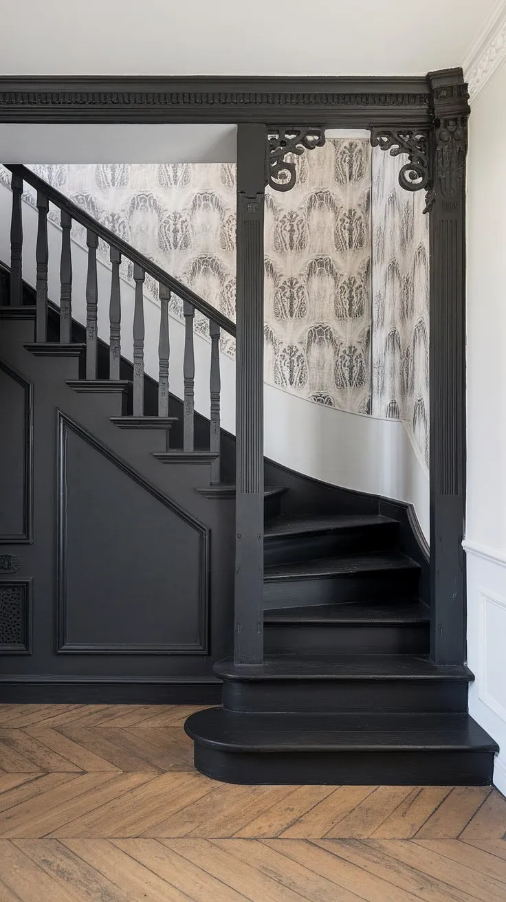 This black and white home aesthetic is elevated by the striking black staircase, a testament to innovative staircase design.  The two visible steps hint at the grandeur of this townhouse staircase, while the patterned wall offers a unique take on black stair wall ideas within this black and white aesthetic interior.  The result is a sophisticated and modern black and white house.