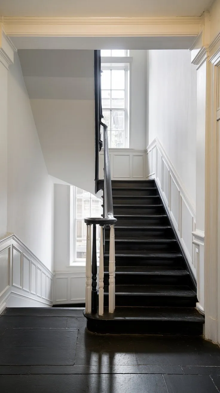 A modern black and white house showcasing a striking black staircase, a perfect example of black stair wall ideas.  The clean lines and bright lighting highlight the black and white interior design and offer inspiring townhouse staircase ideas for a chic black and white aesthetic interior. This hallway, with its black tiles and white railings, exemplifies the best in black and white home aesthetic and staircase design.