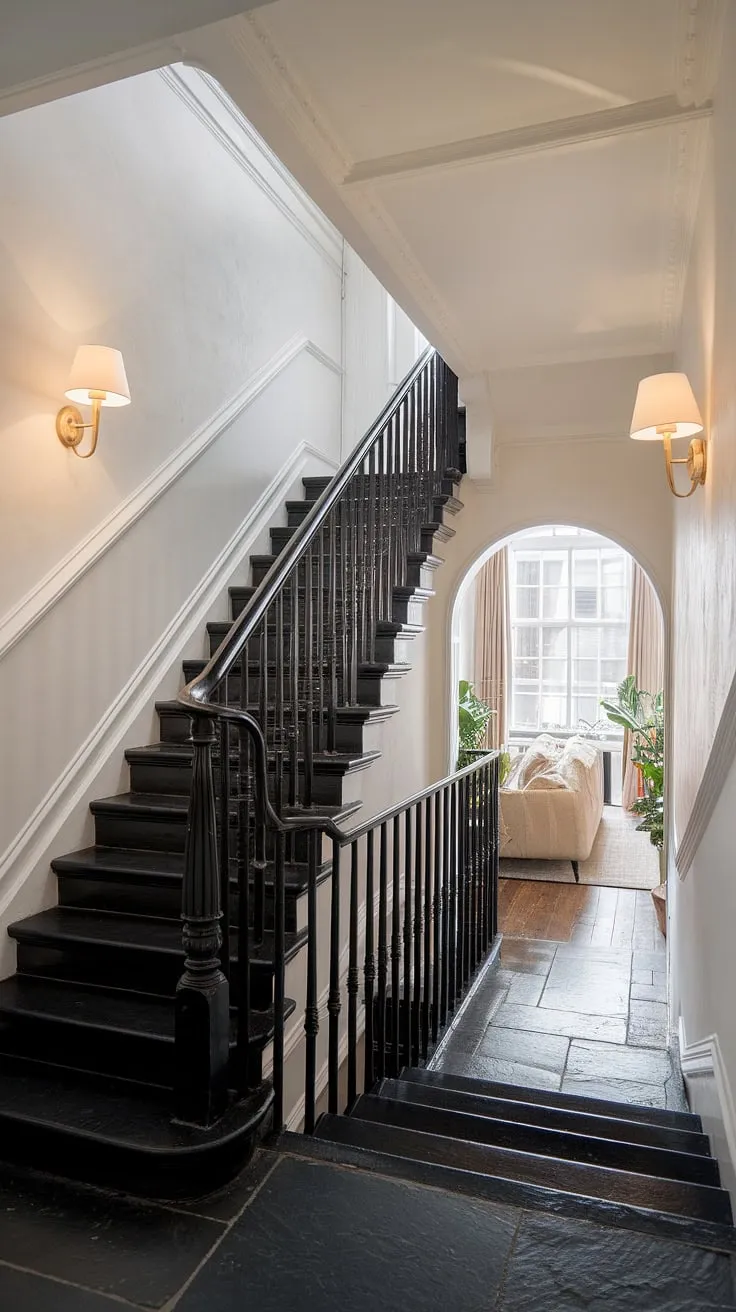 The stark contrast of this black staircase against the white walls creates a dramatic focal point in this modern black and white house.  The sleek staircase design, a perfect example of black stair wall ideas, anchors the black and white aesthetic interior, showcasing the townhouse staircase ideas within this stunning black and white interior design.  The subtle texture of the walls and the black slate tiles complete the sophisticated black and white home aesthetic.