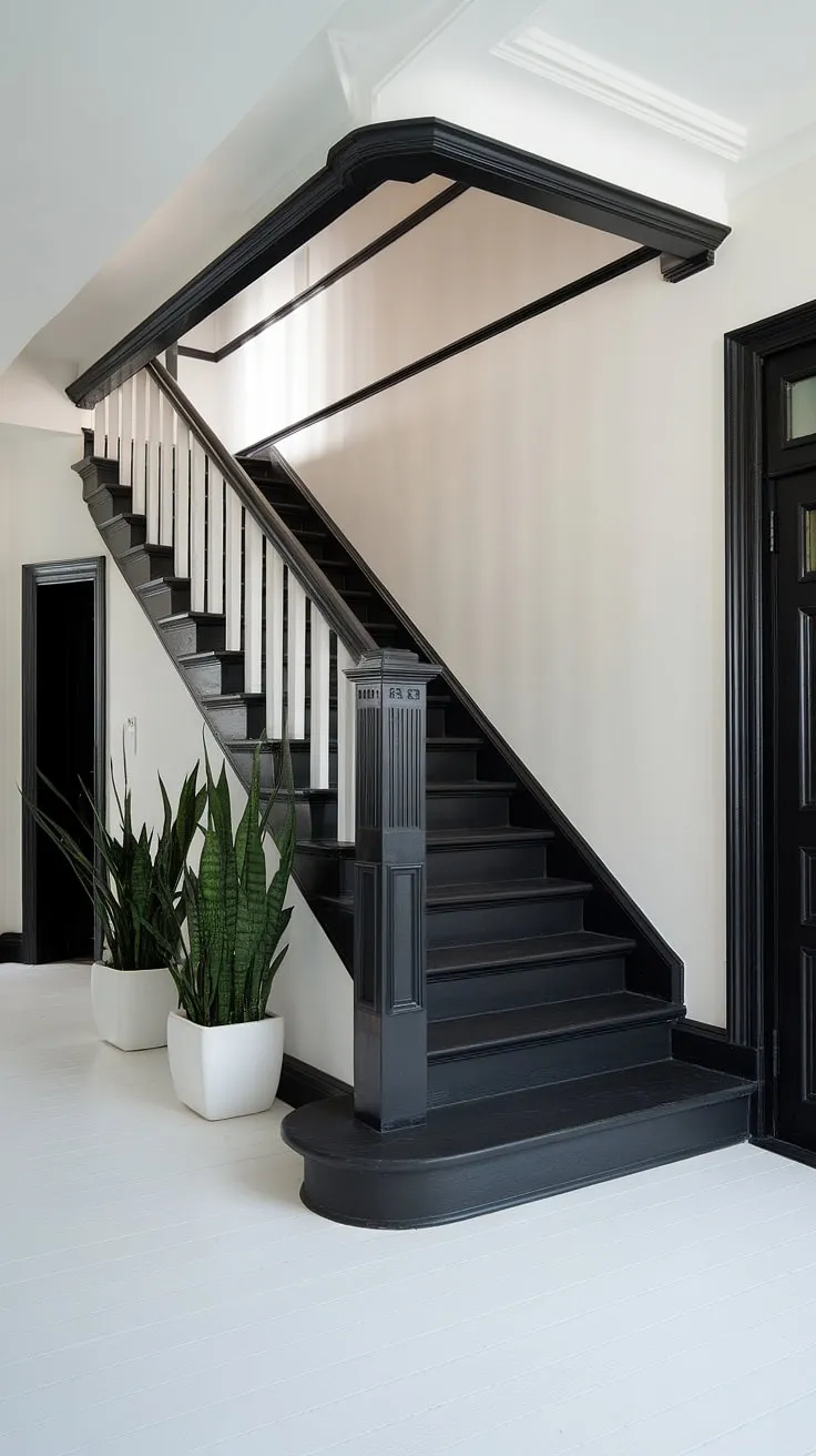 Clean lines and bold contrasts define this modern black and white house.  The black staircase, a striking feature in this black and white aesthetic interior, showcases impeccable staircase design and offers inspiring black stair wall ideas.  This townhouse staircase, bathed in bright light, exemplifies the best in black and white interior design and hallway ideas black and white.