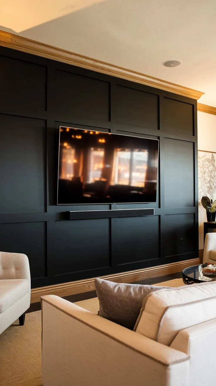 A black TV wall, designed with black tv paneling and wood accents, elevates this living room.  The 70&#8243; TV is perfectly integrated into this high TV wall ideas design, showcasing a sophisticated black and wood TV wall.  The result? A striking focal point that's both stylish and functional.