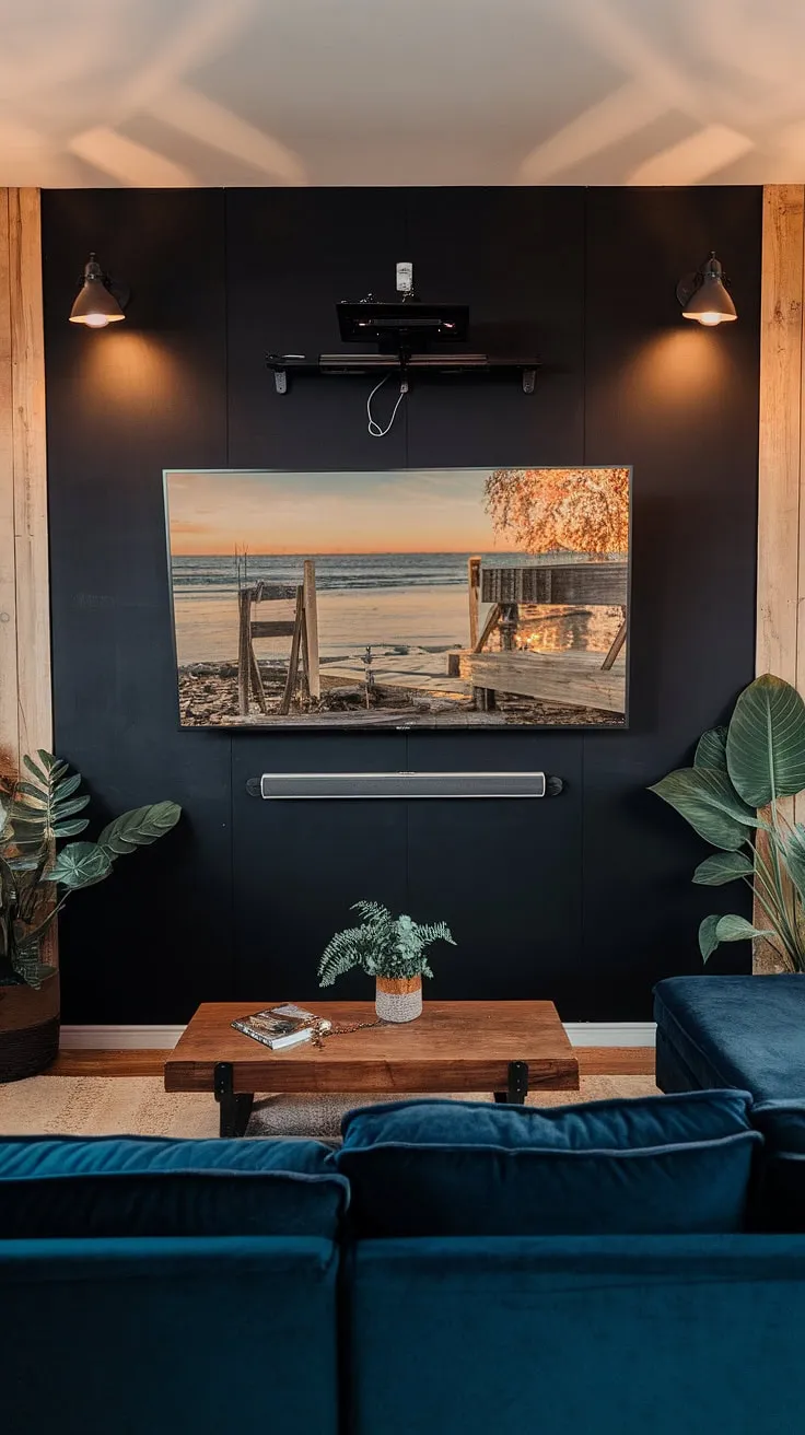 This black TV feature wall, complete with wood paneling above the 70&#8243; TV, elevates the living room's design.  The high TV wall ideas are perfectly executed, showcasing a stunning black and wood TV wall.  Panels behind the TV add texture and warmth, complementing the dark blue sectional and wooden coffee table.