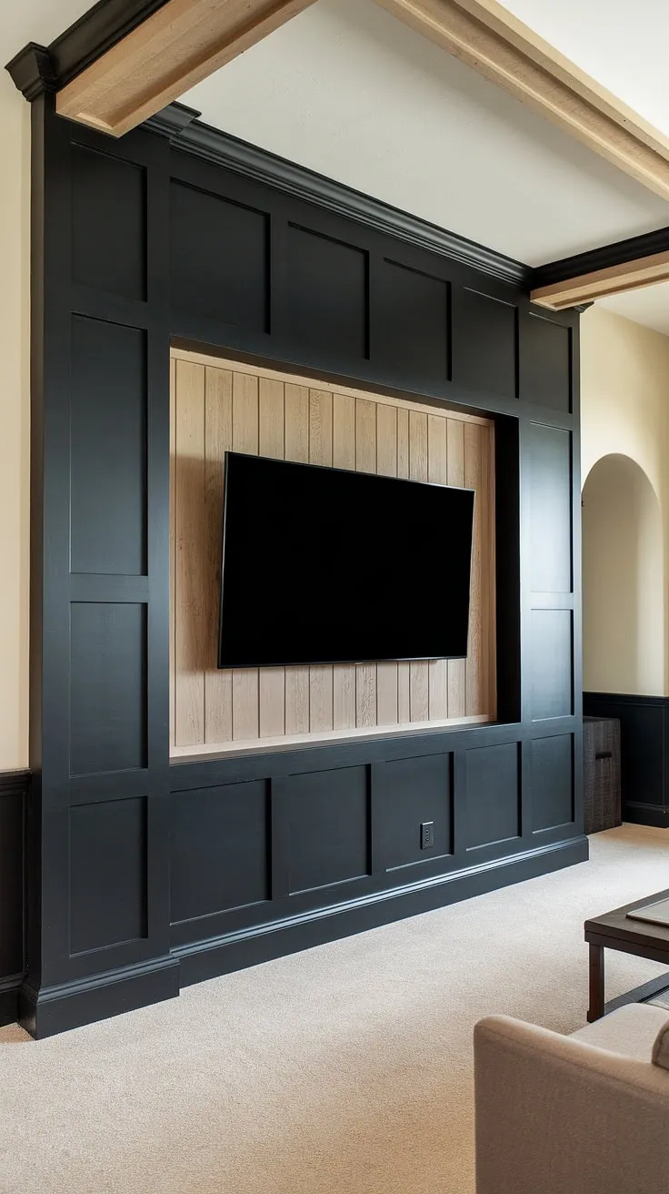 The black tv wall is the undeniable star of this room.  A 70&#8243; tv wall mounted within a custom black wood tv wall, showcasing the perfect blend of modern technology and classic woodworking.  This high tv wall design, with its recessed panels behind tv, is a testament to thoughtful interior design and the power of a black tv feature wall.