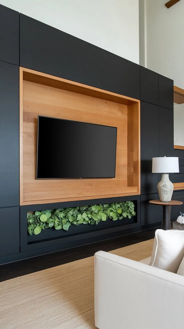 This stunning black and wood TV wall showcases a 70-inch TV, a true statement piece.  The black tv feature wall, complete with panels behind the TV and extending above, creates a sophisticated focal point, while the niche below adds a touch of warmth with a plant and lamp.  High TV wall ideas don't get much better than this.
