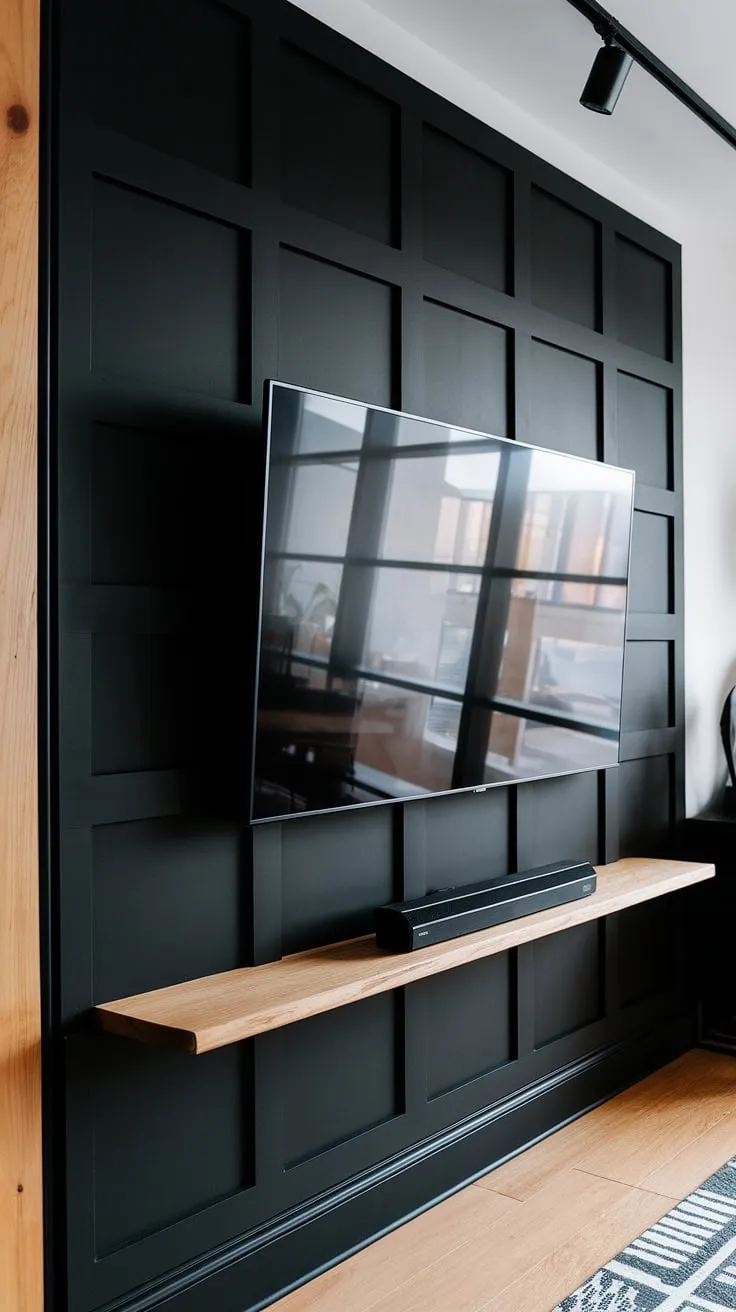 This 70&#8243; TV wall is a masterclass in modern design.  The black tv wall, complete with paneling, provides a dramatic setting for the large screen.  The addition of a wooden shelf below complements the black wood TV wall, offering a warm contrast.  This is the epitome of high TV wall ideas, showcasing a tv with paneling in a sophisticated black and wood tv wall design.