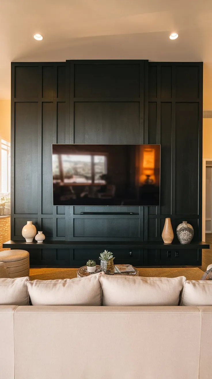 The black wood tv wall, a stunning black tv feature wall, anchors this living room.  The 70&#8243; TV with paneling is seamlessly integrated, showcasing high tv wall ideas with its sleek design and the black and wood tv wall creating a sophisticated focal point.  Panels behind tv add depth and texture, while the warm lighting enhances the overall ambiance.
