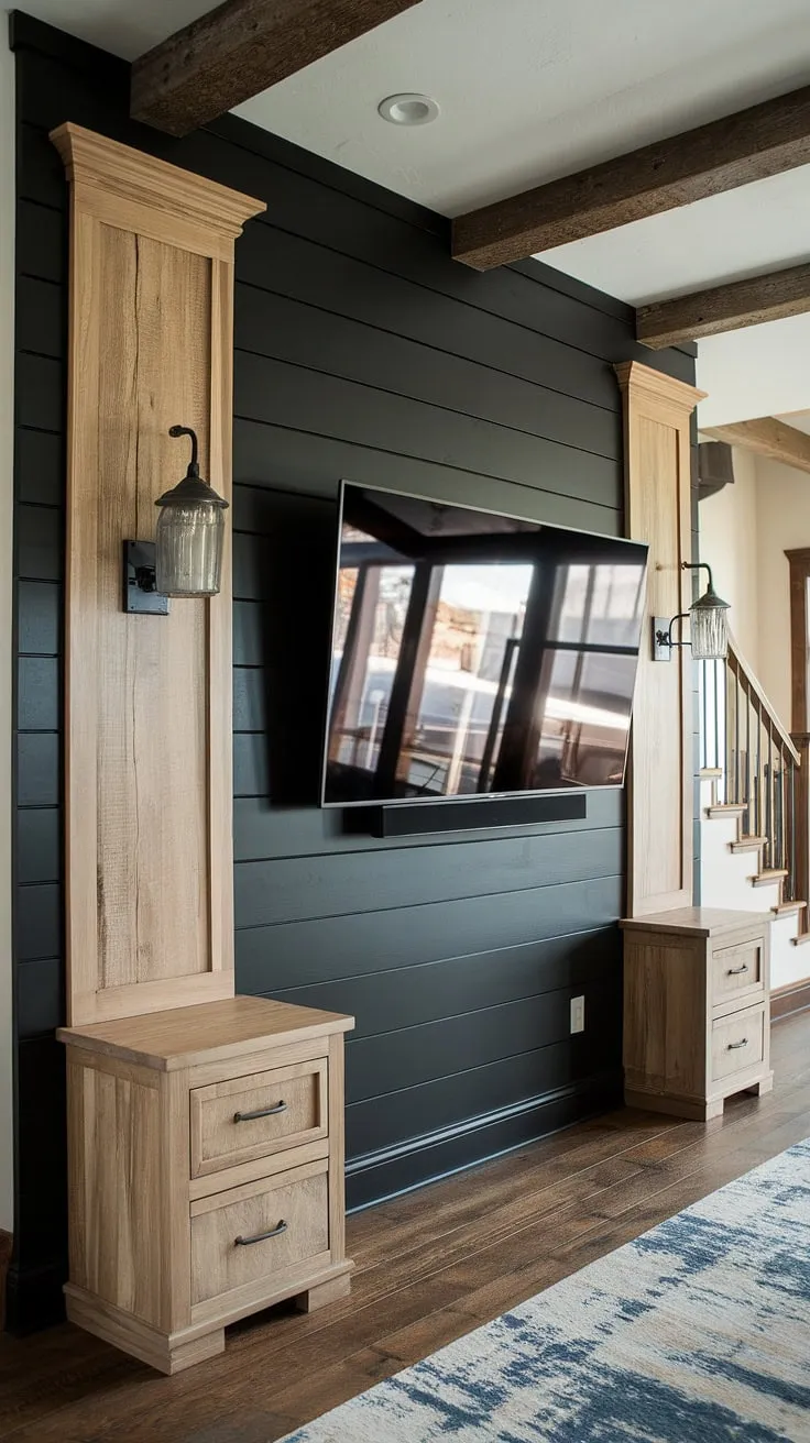 This black TV feature wall, a stunning blend of black and wood, elevates the rustic charm of the space.  The 70&#8243; TV mounted on the wood paneling creates a focal point, while the flanking drawers offer practical storage. High TV wall ideas don't get much better than this sophisticated combination of black tv wall and rich wood tones.  Panels behind TV are a simple yet effective way to add texture and visual interest.