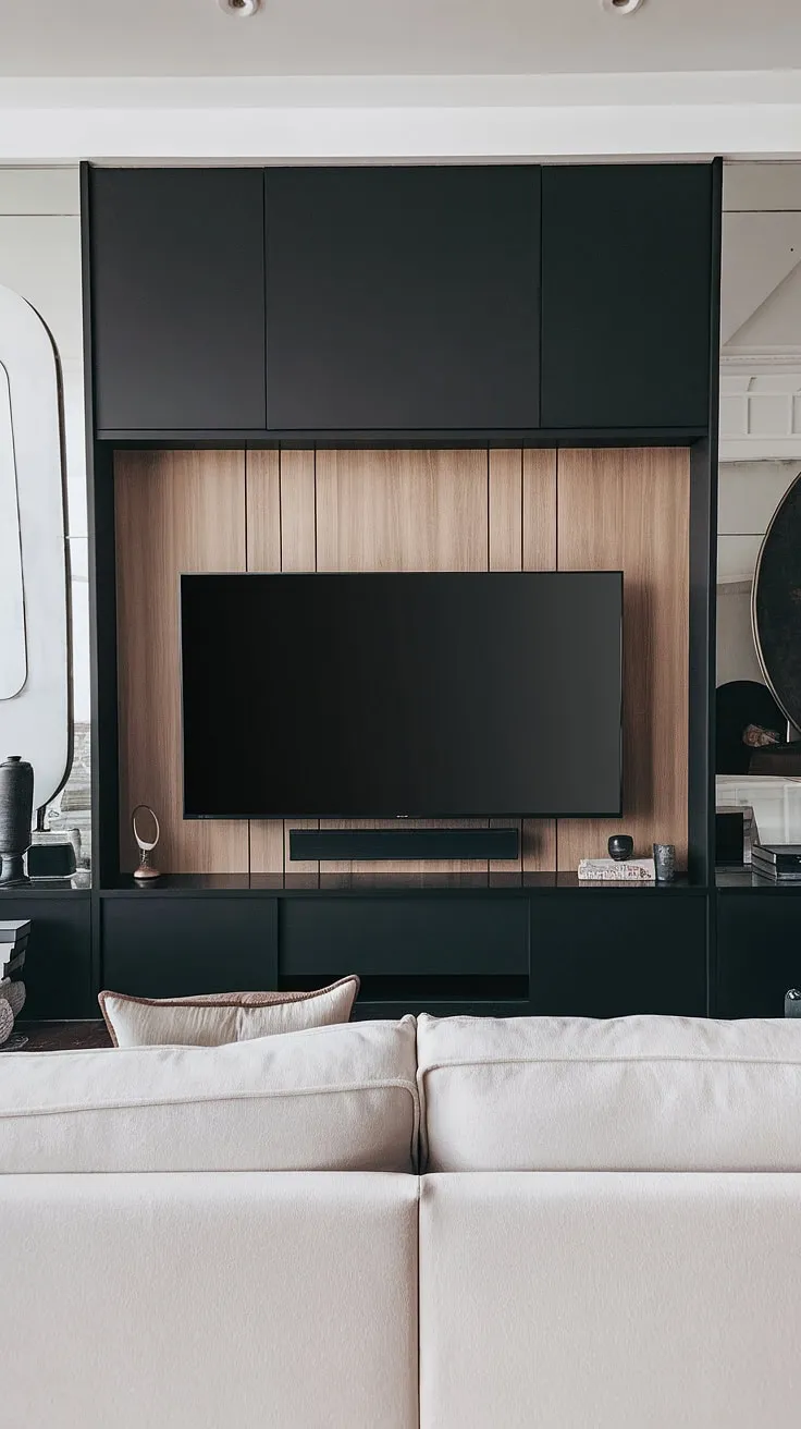 A sophisticated black wood tv wall anchors this living room.  The 70&#8243; tv wall is a testament to thoughtful design, with panels behind tv creating a striking black tv feature wall.  This high tv wall ideas implementation, featuring a black tv wall and built-in storage, perfectly balances form and function.